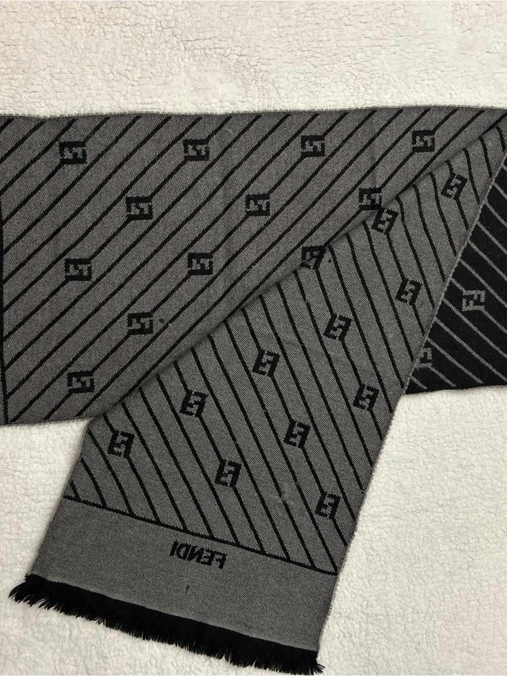 Fendi Gray & Black Monogram Diagonal Stripe Scarf
